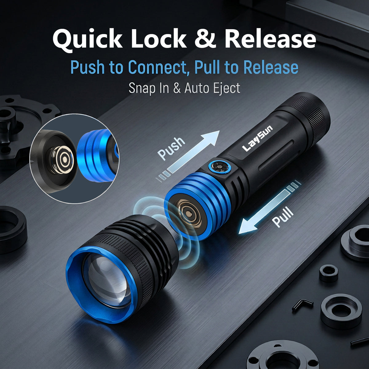 LaySun Interchangeable Heads System 2 in 1 Quick Connect Rechargeable Led Work Light Zoom Flashlight