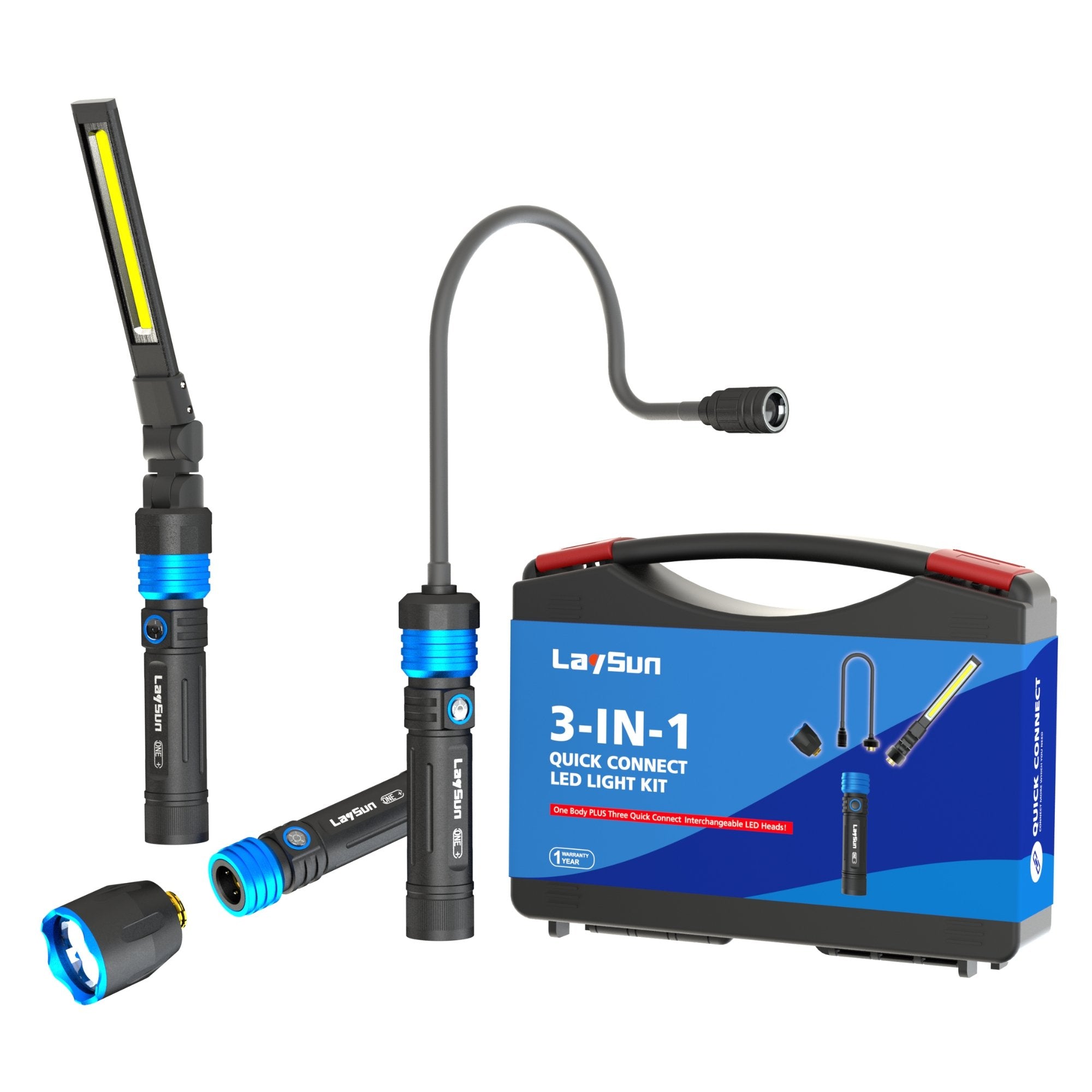 LaySun 3 in 1 Quick Connect Rechargeable Led Work Light Flashlight Flexible Gooseneck Light kit