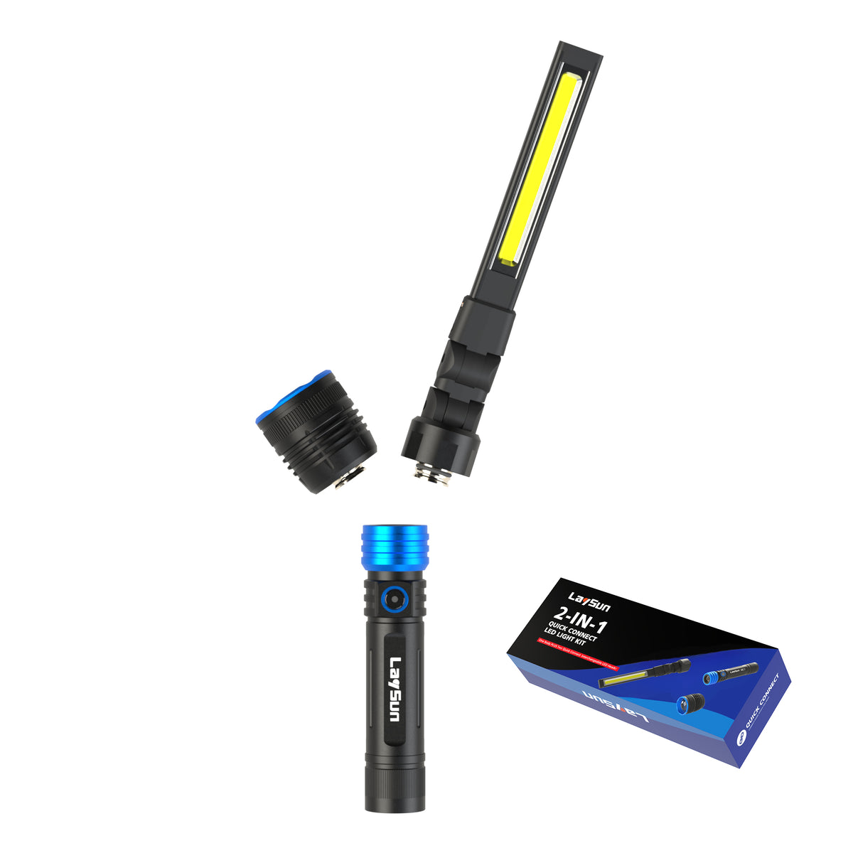 LaySun Interchangeable Heads System 2 in 1 Quick Connect Rechargeable Led Work Light Zoom Flashlight