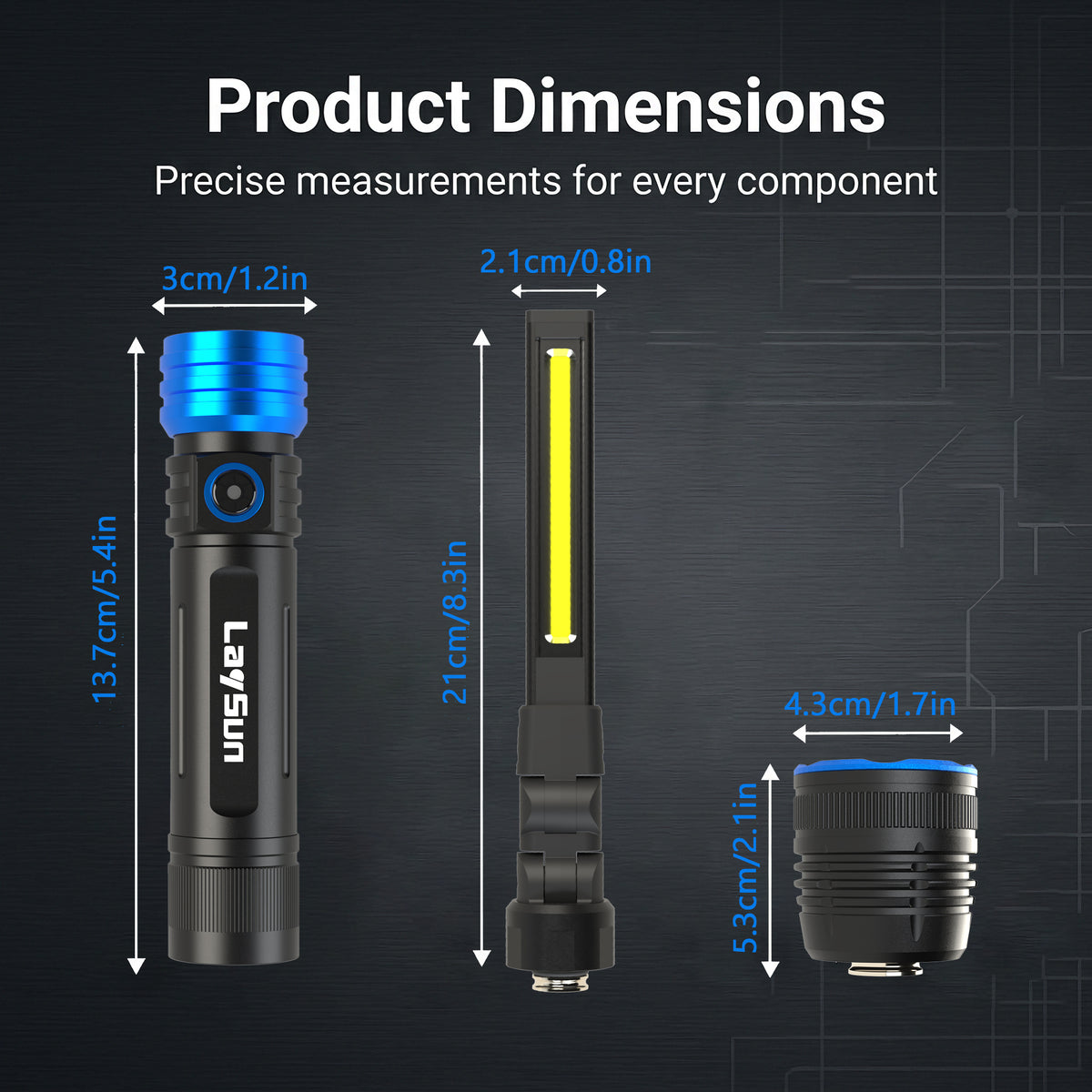 LaySun Interchangeable Heads System 2 in 1 Quick Connect Rechargeable Led Work Light Zoom Flashlight