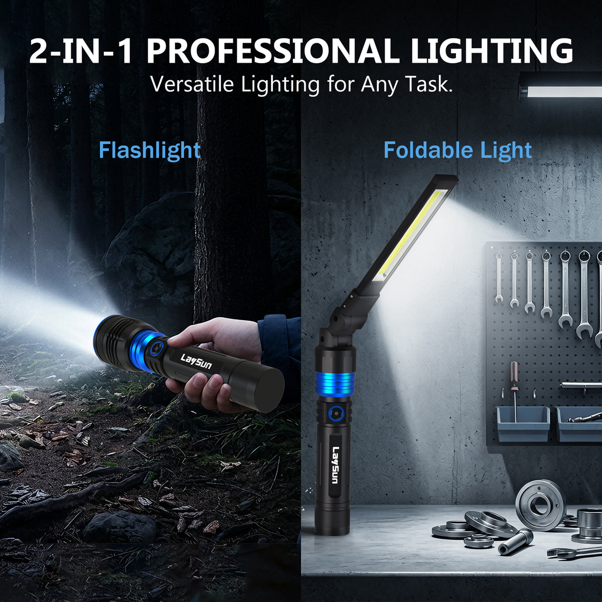 LaySun Interchangeable Heads System 2 in 1 Quick Connect Rechargeable Led Work Light Zoom Flashlight