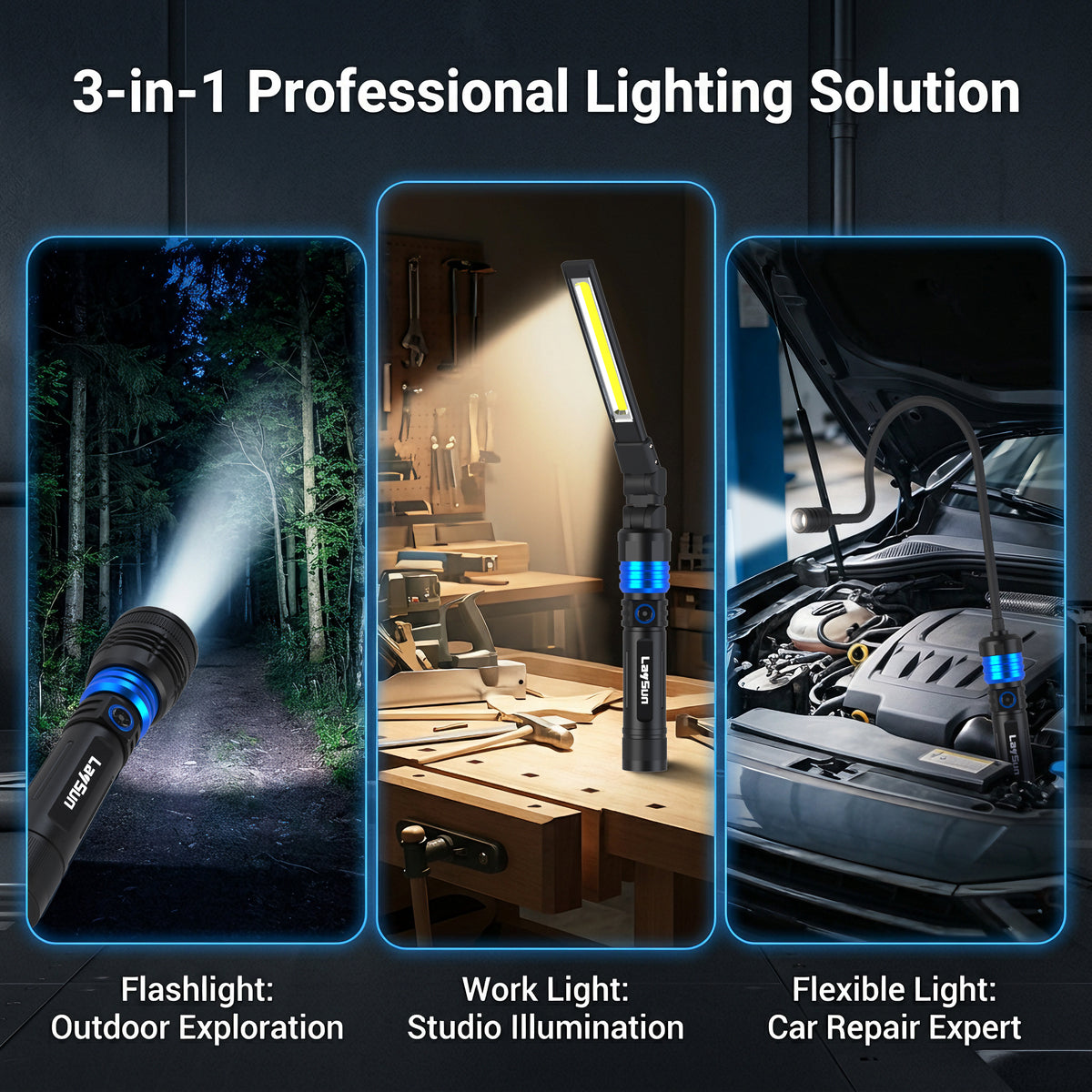 3 in 1 Quick Connect Rechargeable Led Work Light Flashlight Flexible Gooseneck Light kit
