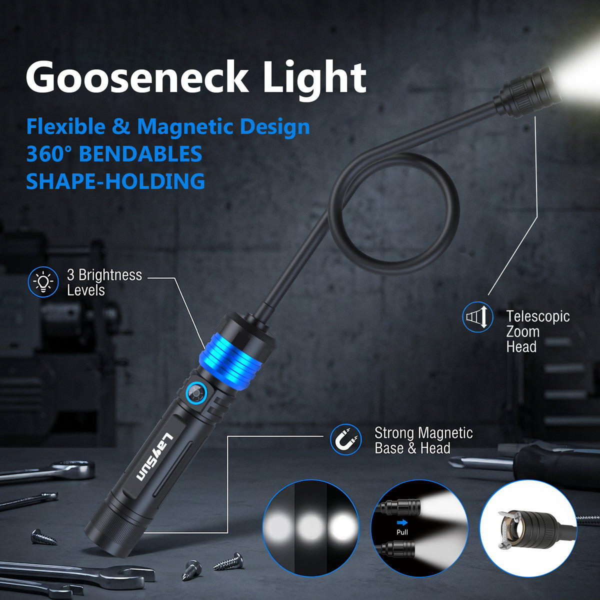 3 in 1 Quick Connect Rechargeable Led Work Light Flashlight Flexible Gooseneck Light kit