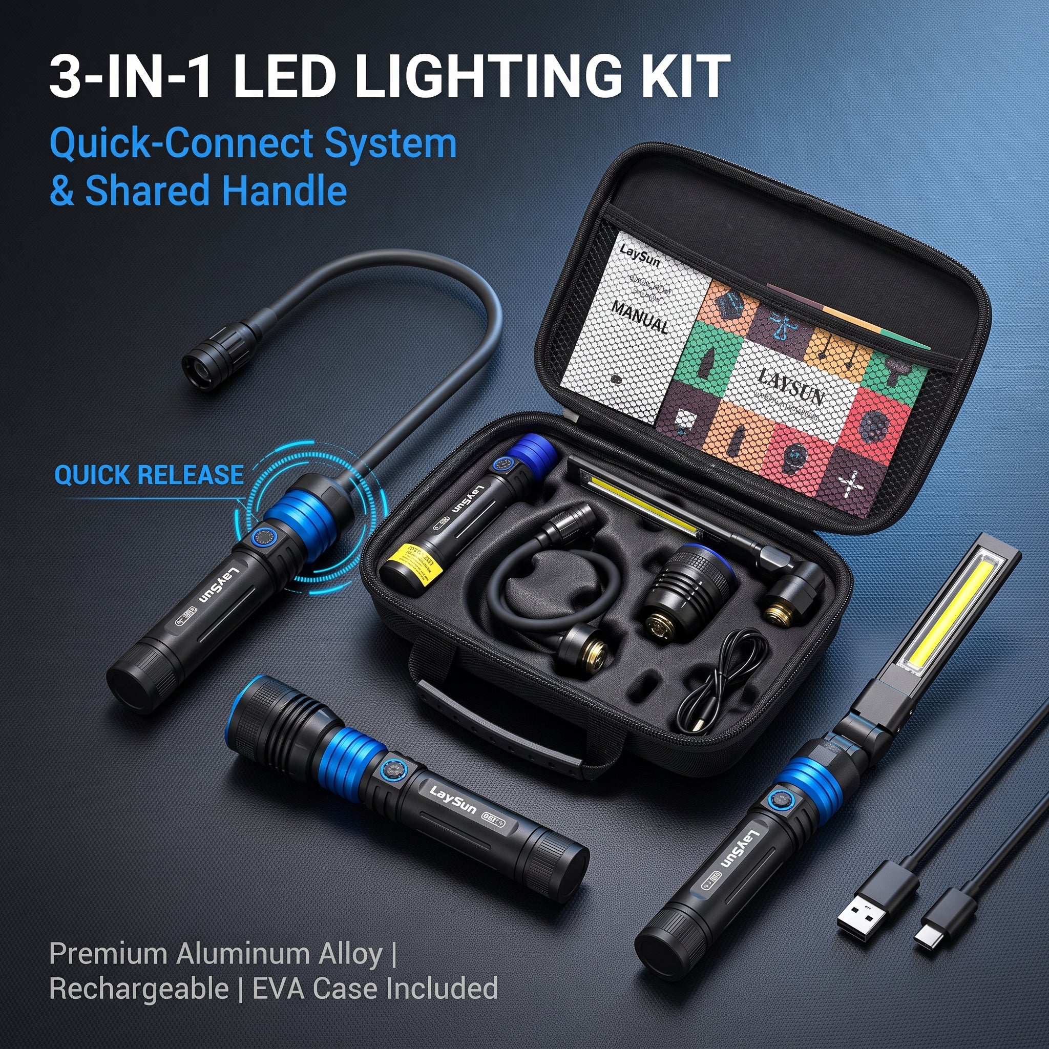 3 in 1 Quick Connect Rechargeable Led Work Light Flashlight Flexible Gooseneck Light kit