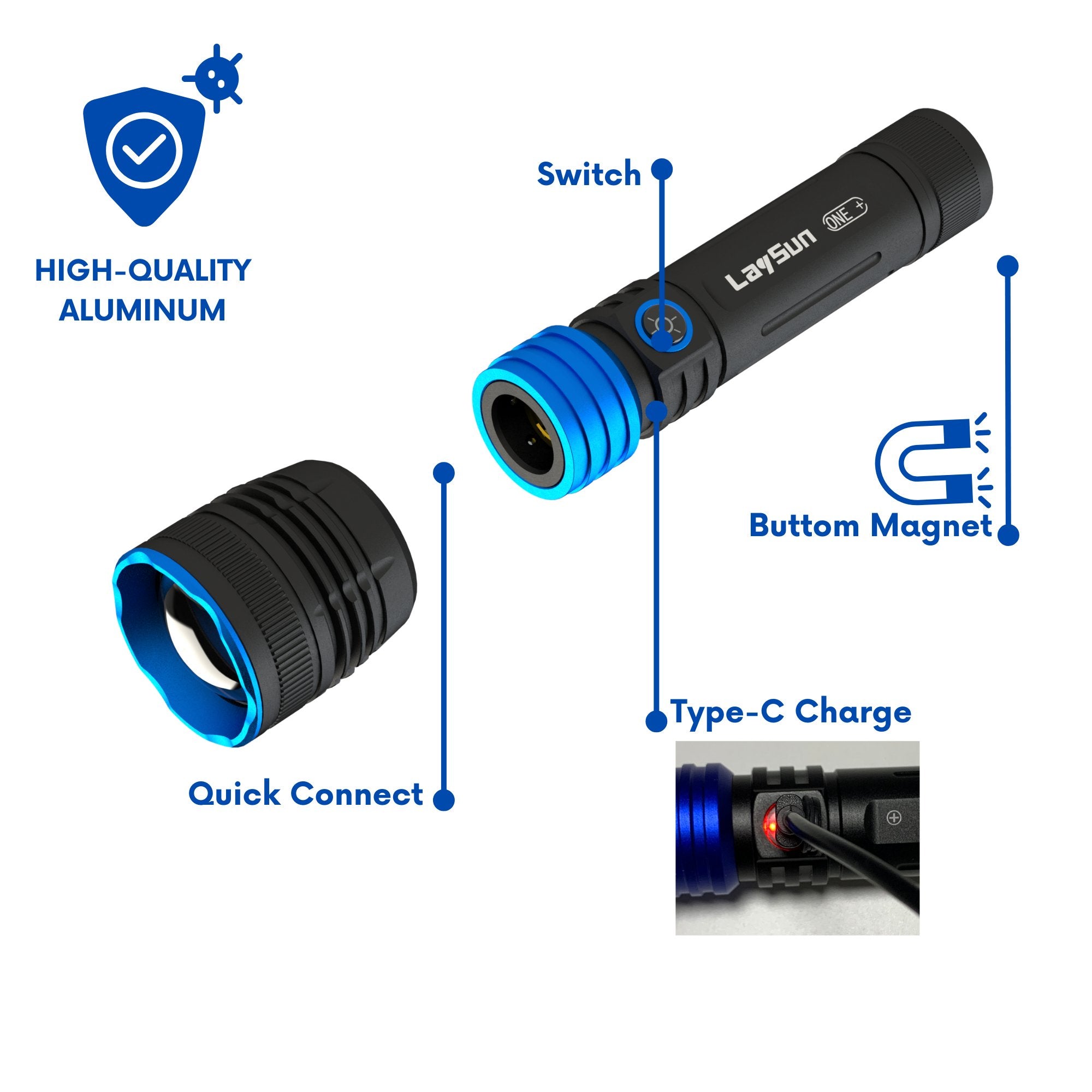 LaySun 3 in 1 Quick Connect Rechargeable Led Zoom Flashlight with Magnetic Base, Camping Light and Handheld Fan, 4000ma Battery and USB-C Charge - LaySun Smart